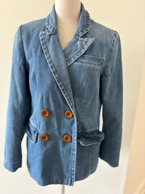 A Loves A Blue Denim Double Breasted Blazer Jacket Size XS Notch Collar